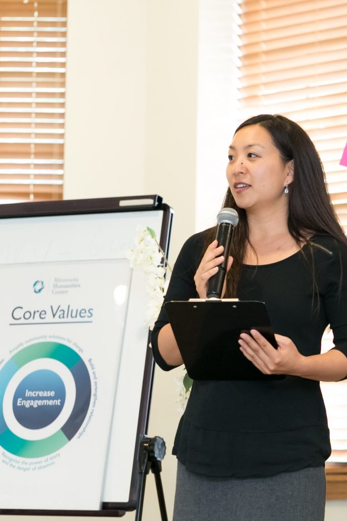 Sung Ja Shin of Minnesota Humanities Center welcomes board members, administrators and guests to MHC’s 2018 Educator Institute Showcase on June 21, 2018. (Minnesota Humanities Center)