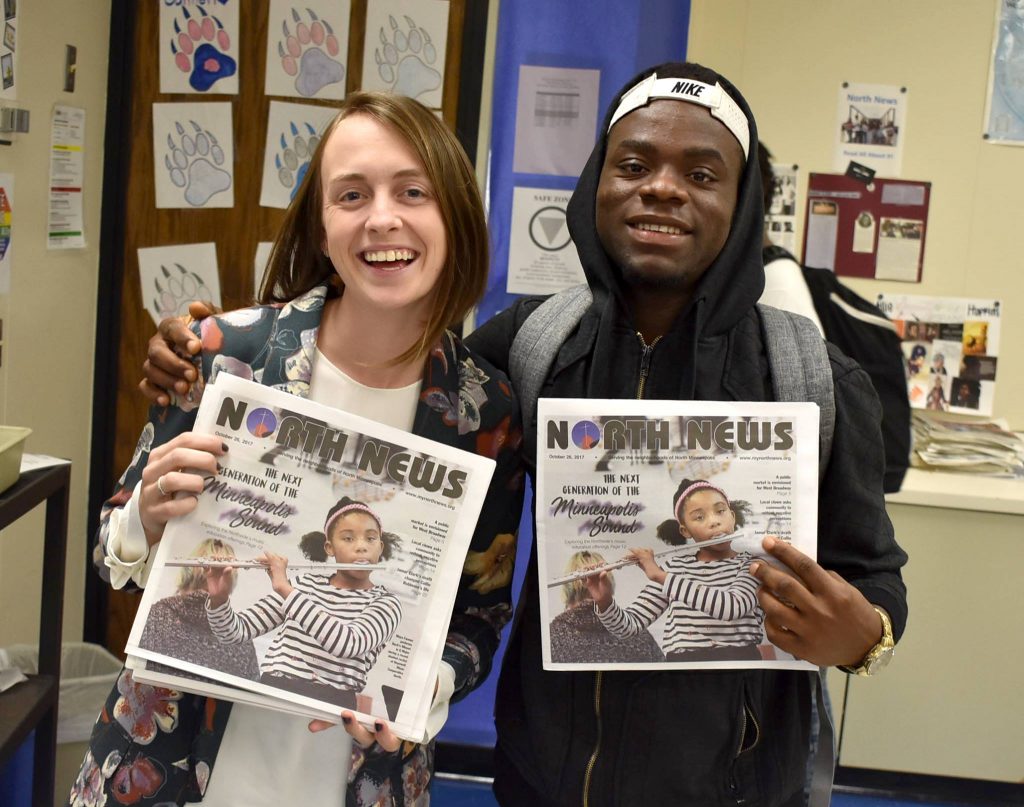 North News editor Kenzie O'Keefe and Morris Grear, a Minneapolis North Community High School student, in a 2017-18 journalism class at Minneapolis North. (North News)