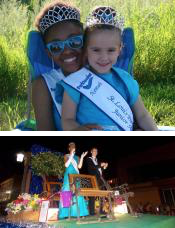 Two photos. The top photo is of Amira Warren wearing a crown and sash as 2014/15 St. Louis Park Parktacular ambassador. She is sitting with a little girl in her lap (also wearing a crown and sash). The second photo is of Amira on a parade float as St. Louis Park Parktacular ambassador