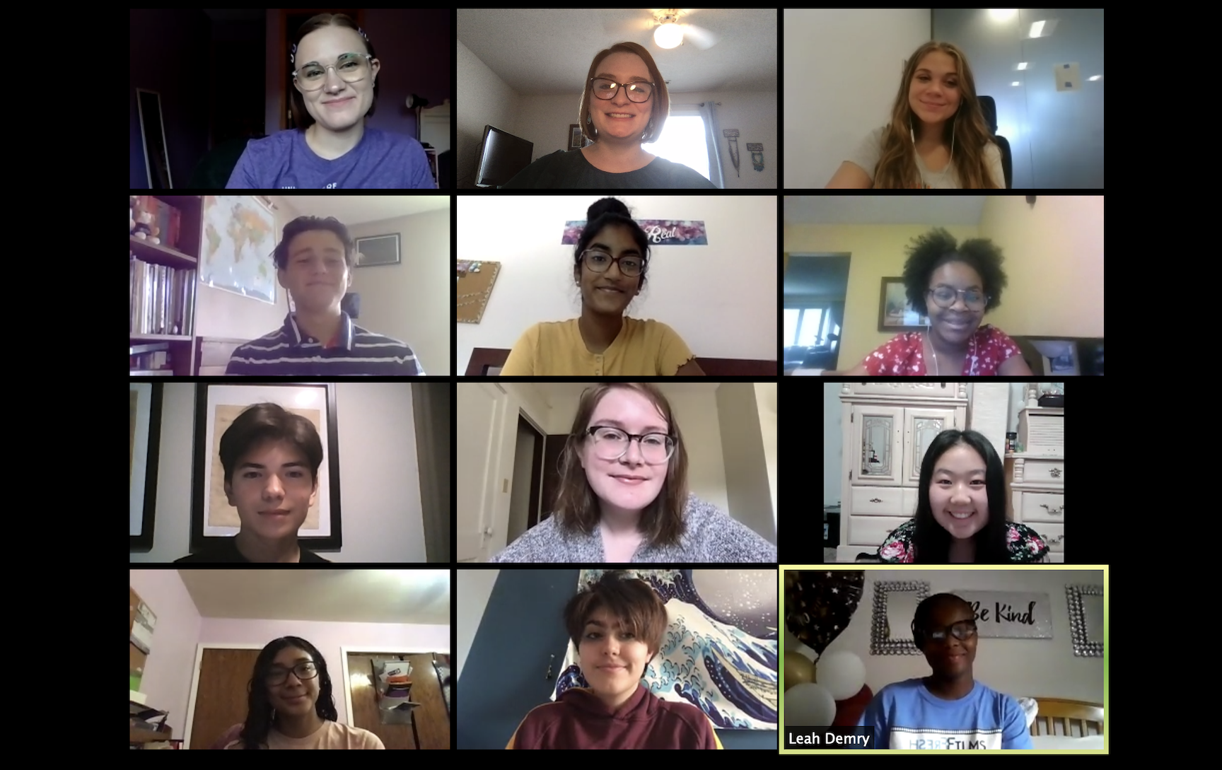This is a screenshot of our virtual Digital Media Arts Camp Zoom call. It displays nine smiling Digital Media Art Camp students, and three threeSixty staff members.