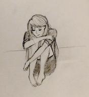 illustration of a young woman sitting on the floor with her legs folded up, and her chin on her knee
