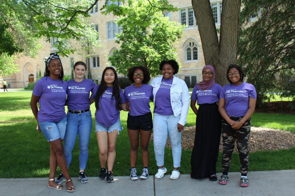 Digital Audio Storytelling Camp students on the quad on the north campus of the University of St. Thomas in St. Paul.