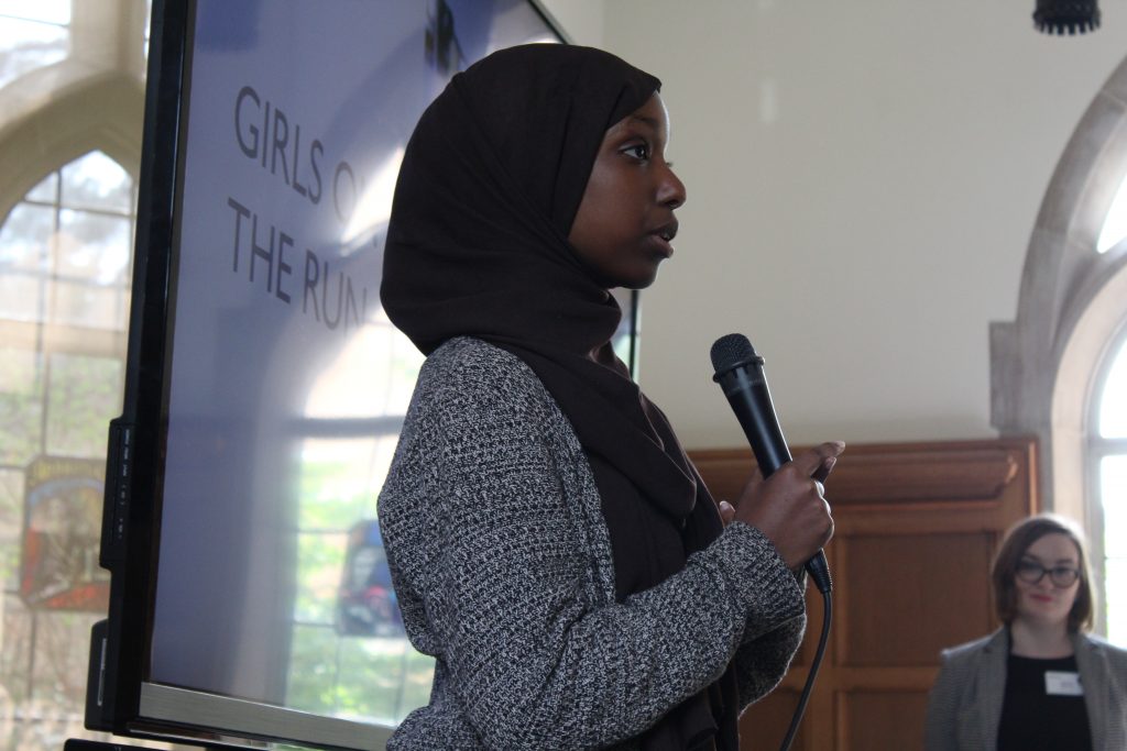 Ilhaan Dhegadub speaks at the ice cream social and parent reception.