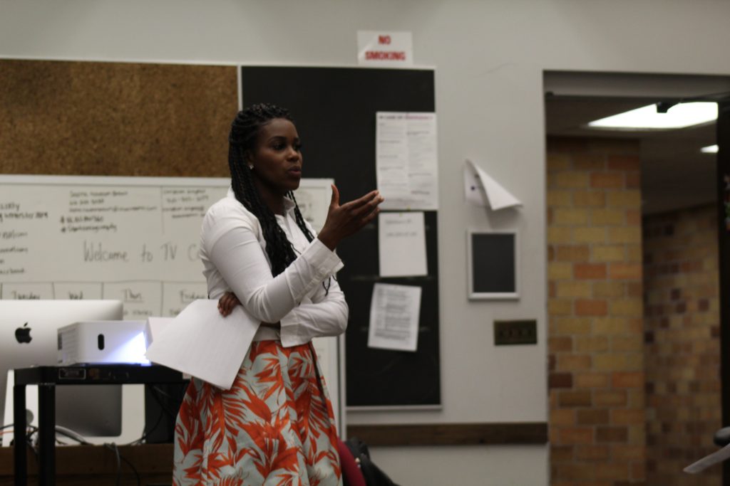 KARE-11 Anchor Adrienne Broaddus gives ThreeSixty students tips on anchoring.