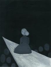 black, white, and grey illustration of a women in a black dress (hair in a bun), sitting in to middle of a narrow triangle that is jutting into a dark background