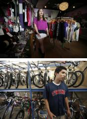 Top: Rhiannon Magee, a junior at Avalon School in St. Paul, enjoys having a stake in business decisions at Express Yourself Clothing. Bottom: Ignacio Rivera, a junior at St. Paul Central High School, enjoys working with his hands at Express Bike Shop.
