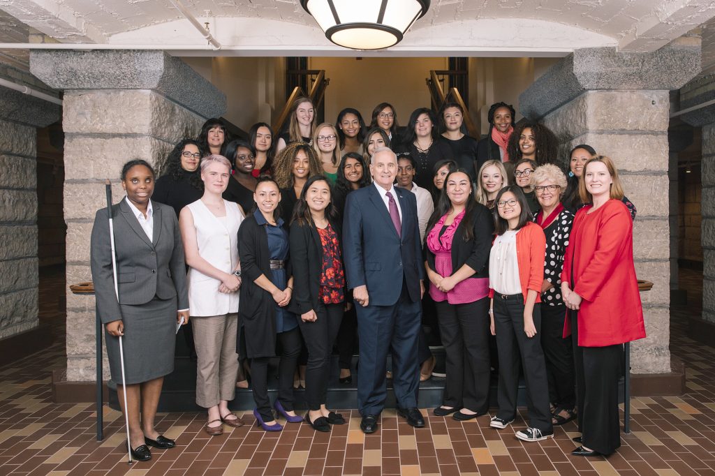 Members of the 2017-18 Young Women’s Cabinet pose for a photo with Gov. Mark Dayton (front, center).